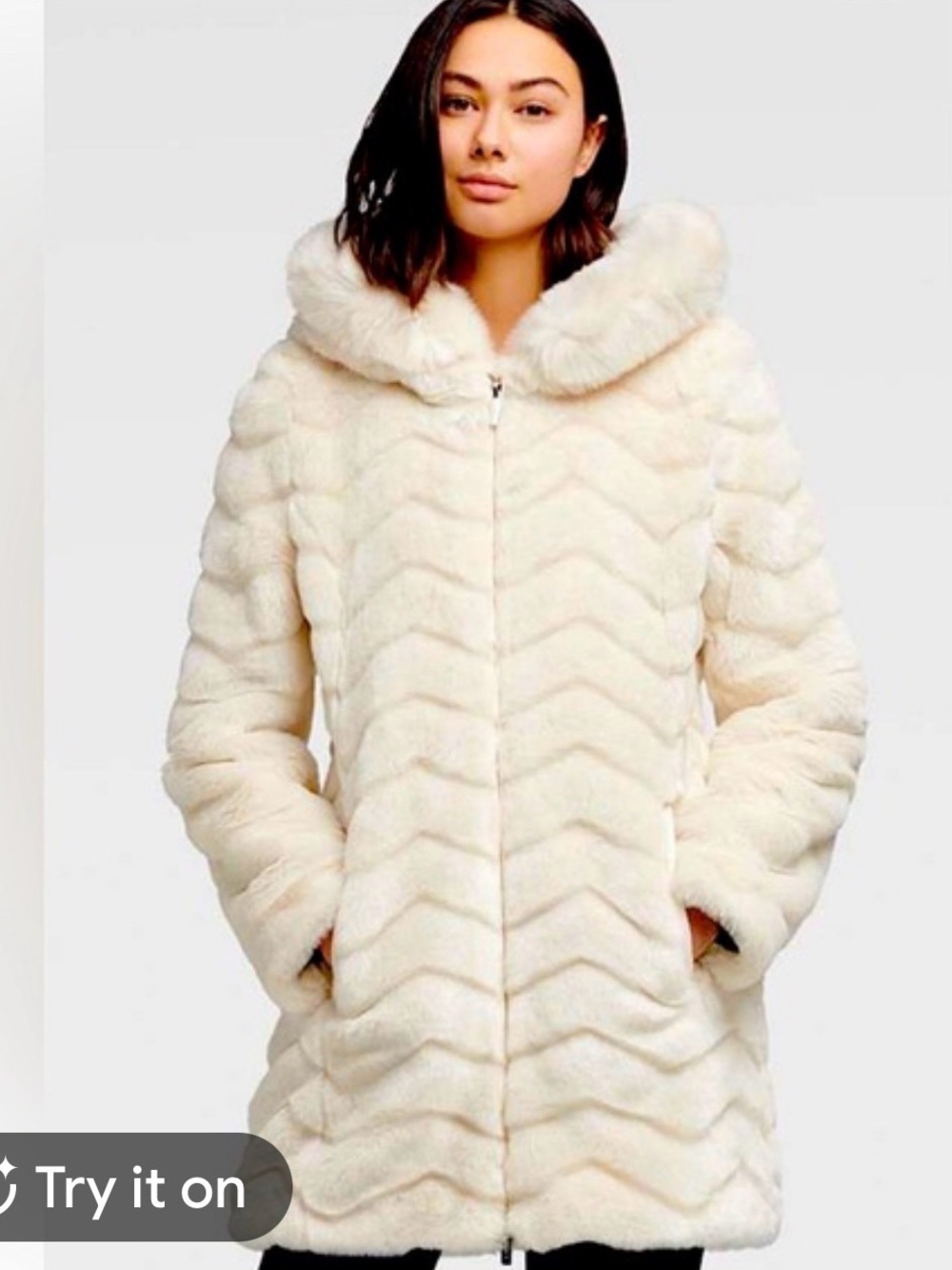 DKNY Cream Faux-Fur Hooded Teddy Coat